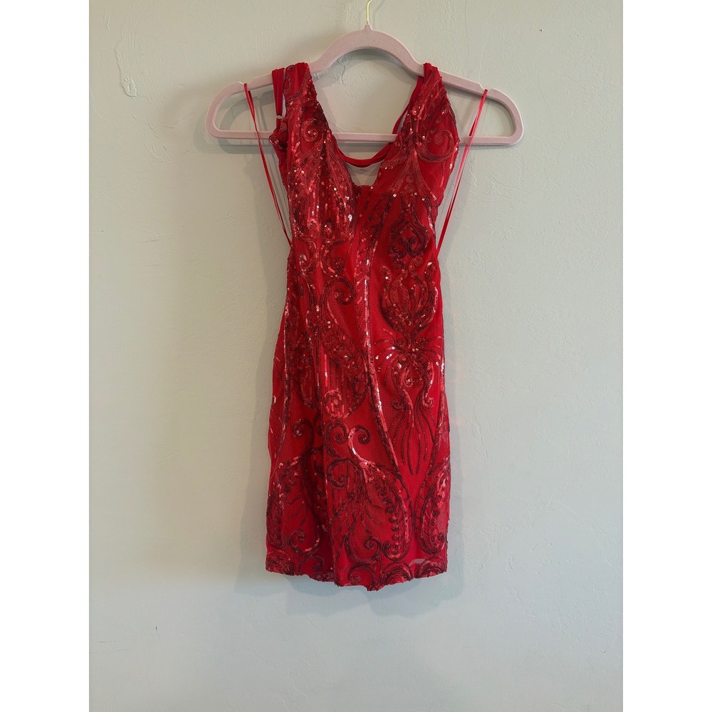 Fashion Nova Aubrey Sequin Mesh Mini Dress Red Halter Open Back B12503DR0106